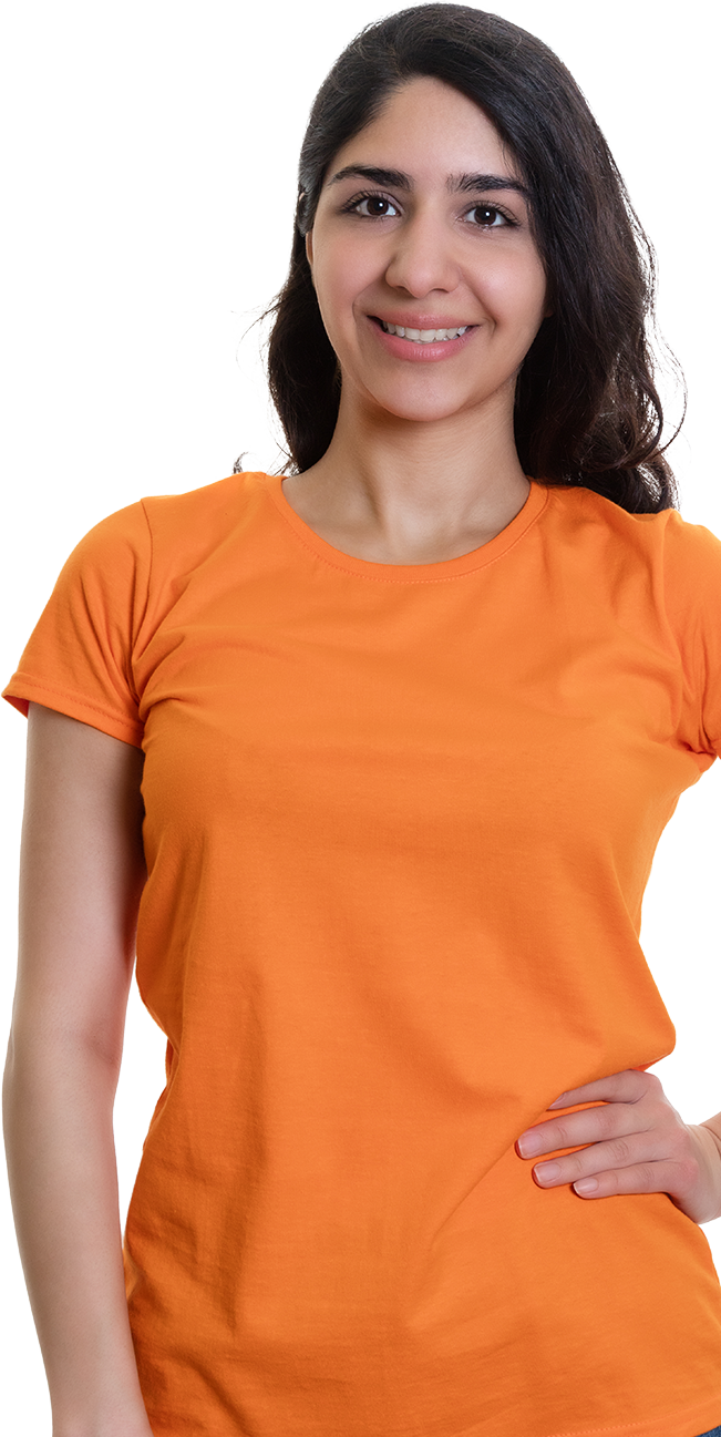 Photo of a young woman smiling and standing with her hand on her hip.